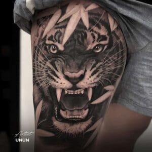 tiger tattoo thigh black and grey realism hyperrealism