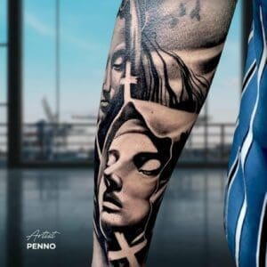 penno tattoo realism hyperrealism black and grey realistic sleeve arm